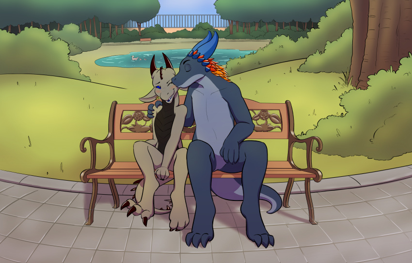 2020 absurd_res ashh_(theharrowedsoul) blush corundum_the_kobold dragonkai female hi_res kissing kobold male multicolored_body multicolored_scales nude outside park park_bench scales scalie size_difference thenekoboi two_tone_body two_tone_scales