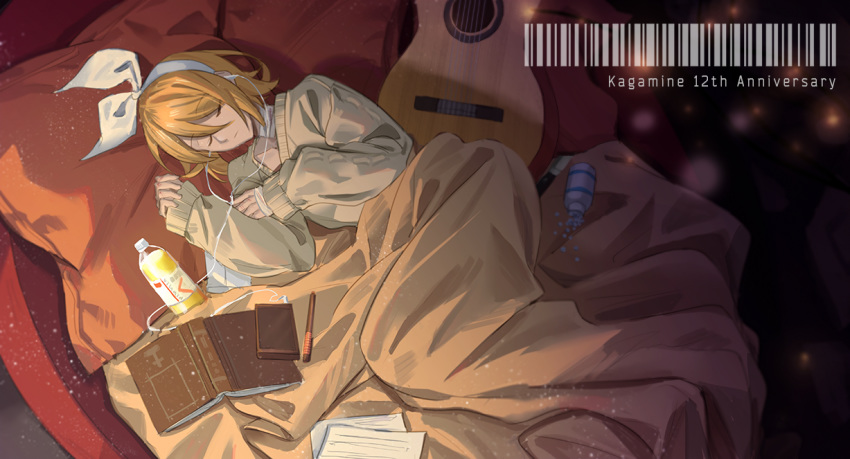 1girl anniversary bandages bed_sheet birthday blonde_hair blood bloody_bandages bottle bow cellphone closed_eyes commentary couch earphones eyebrows_visible_through_hair eyes_visible_through_hair guitar hair_bow indoors instrument juice kagamine_rin light_particles listening_to_music lying notebook on_couch on_side paper pen pencil phone pillow sleeping solo sweater vocaloid wounds404