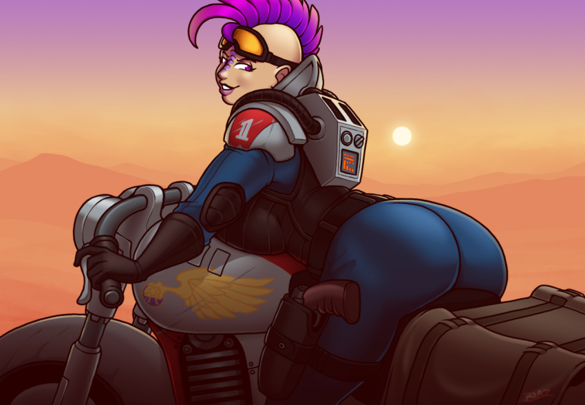 1girl armor ass back backboob backpack bag blaz_b._aros blazbaros bodysuit breast_press breasts desert elbow_pads fair_skin forehead_ridges genestealer goggles goggles_on_head gradient_hair ground_vehicle gun handgun high_collar holstered_weapon huge_ass huge_breasts imperium_of_man mohawk motor_vehicle motorcycle multicolored_hair pistol purple_eyes purple_hair purple_lips seductive_smile sideboob smile thick_thighs thighs warhammer_40k weapon wide_hips