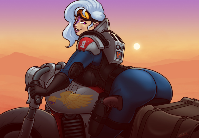 1girl armor ass back backboob backpack bag blaz_b._aros blazbaros bodysuit breast_press breasts desert elbow_pads fair_skin forehead_ridges genestealer goggles goggles_on_head ground_vehicle gun handgun high_collar holstered_weapon huge_ass huge_breasts imperium_of_man motor_vehicle motorcycle pistol purple_eyes purple_lips seductive_smile sideboob smile thick_thighs thighs warhammer_40k weapon white_hair wide_hips