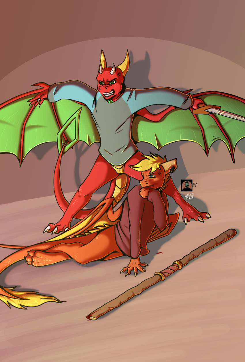 2019 5_fingers anthro claws clothed clothing digital_media_(artwork) dragon female fingers green_eyes holding_object holding_sword holding_weapon horn male melee_weapon membrane_(anatomy) membranous_wings scales scalie spines sword vanillahellen weapon western_dragon wings