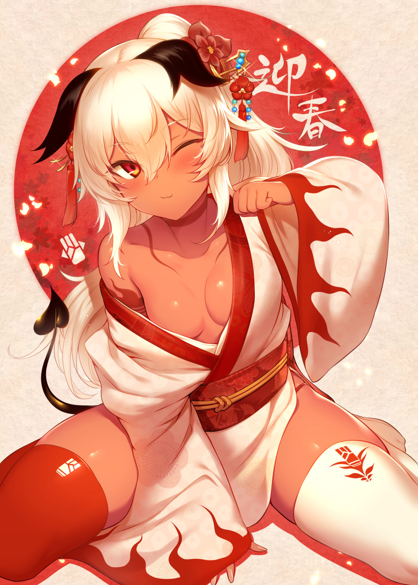 1girl ;3 absurdres arm_support bare_shoulders black_rock_shooter blush breasts cleavage closed_mouth collarbone dark_skin demon_tail hair_ornament highres japanese_clothes kimono long_hair long_sleeves looking_at_viewer m-da_s-tarou medium_breasts mismatched_legwear obi off-shoulder_kimono off_shoulder one_eye_closed red_eyes red_legwear sash sitting sleeves_past_wrists solo strength_(black_rock_shooter) tail white_hair white_kimono white_legwear wide_sleeves