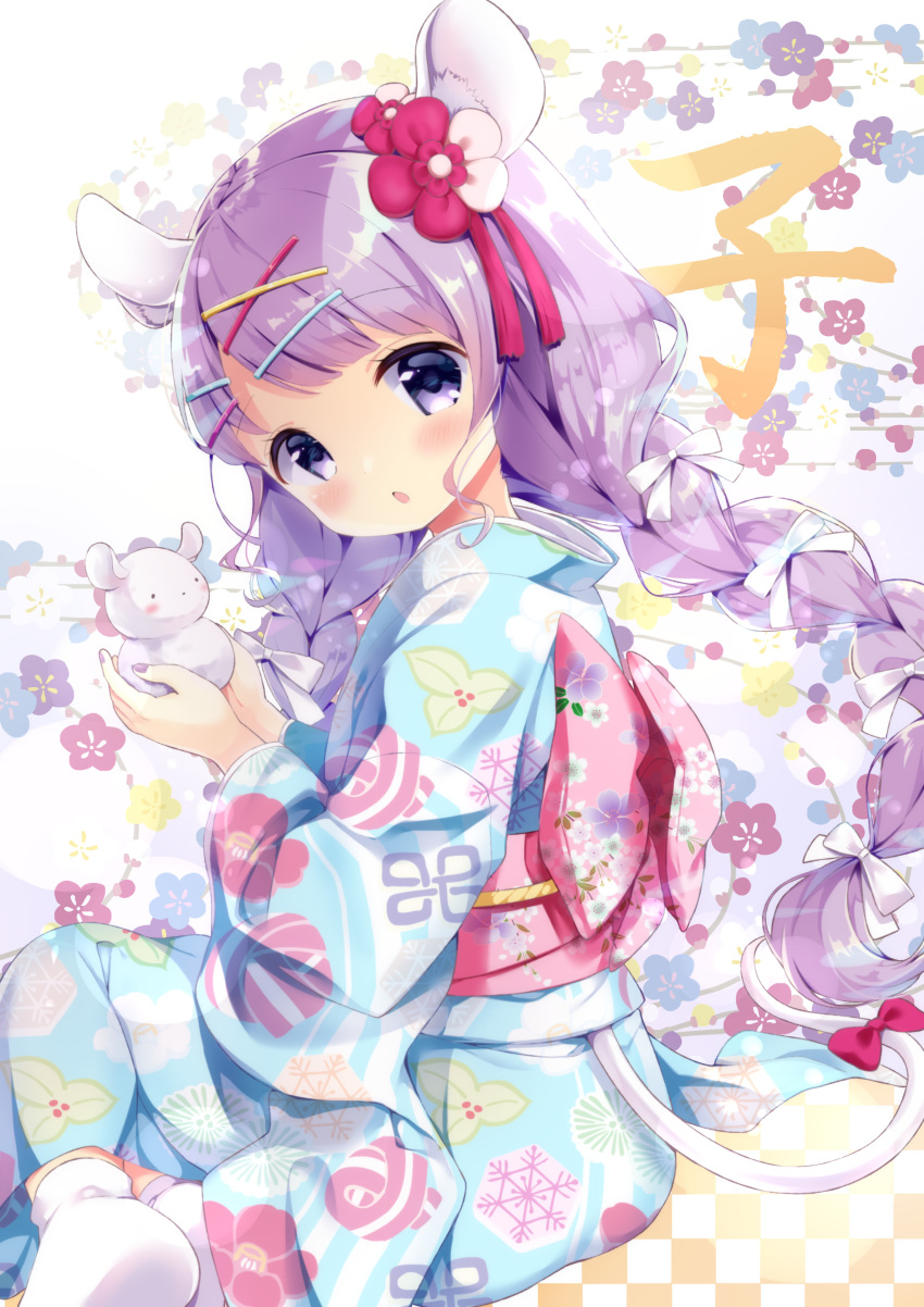 1girl absurdres animal_ears bangs blue_kimono blush bow braid chinese_zodiac commentary_request eyebrows_visible_through_hair floral_background floral_print flower hair_bow hair_flower hair_ornament hairclip highres holding japanese_clothes kimono long_hair long_sleeves looking_at_viewer looking_to_the_side low_twintails mouse_ears mouse_girl mouse_tail nail_polish neki_(wakiko) new_year obi original parted_lips print_kimono purple_eyes purple_hair purple_nails red_bow red_flower sash sitting socks soles solo tail tail_bow twin_braids twintails very_long_hair white_bow white_legwear wide_sleeves x_hair_ornament year_of_the_rat yokozuwari