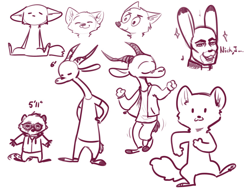 2019 ambiguous_gender antelope anthro barefoot benjamin_(fuel) bottomwear bovid buckteeth canid canine cheek_tuft chico_(fuel) clothed clothing dancing dialogue dipstick_ears disney duo english_text eyes_closed eyewear facial_markings facial_tuft fan_character fox fuel_(artist) gazelle glasses head_markings head_tuft hi_res horn jacket judy_hopps lagomorph leporid mammal markings mask_(marking) monochrome motion_lines multicolored_ears nude open_jacket pants procyonid purple_theme rabbit raccoon ringtail shirt simple_background sitting sketch_page skye_(zootopia) solo sparkles t-shirt teeth text topwear tuft white_background zootopia