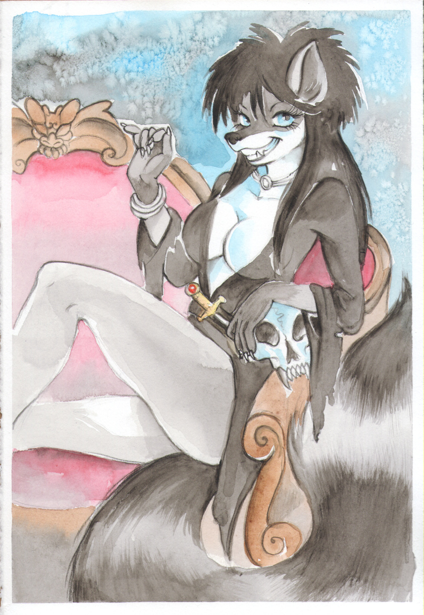 absurd_res anthro black_hair black_nose blue_eyes bone breasts clothing digital_media_(artwork) elvira female grin hair hi_res knife mammal procyonid raccoon sanssouci sila_dione skull smile solo