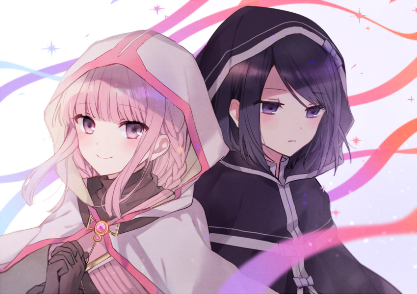 2girls bangs black_cloak black_gloves black_hair black_shirt boyano braid character_request cloak closed_mouth coo eyebrows_visible_through_hair gloves hands_clasped hands_up hood hood_up hooded_cloak magia_record:_mahou_shoujo_madoka_magica_gaiden mahou_shoujo_madoka_magica multiple_girls own_hands_together pink_hair purple_eyes shirt smile swept_bangs tamaki_iroha upper_body white_cloak