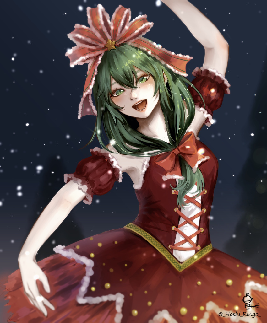 1girl adapted_costume arm_ribbon artist_name ballet blurry christmas corset dark depth_of_field detached_sleeves dress embellished_costume frilled_ribbon frills front_ponytail green_eyes green_hair hair_between_eyes hair_ribbon highres hoshiringo0902 kagiyama_hina lips long_hair looking_at_viewer open_mouth pose red_dress red_ribbon ribbon short_sleeves signature snow snowing solo star teeth touhou winter