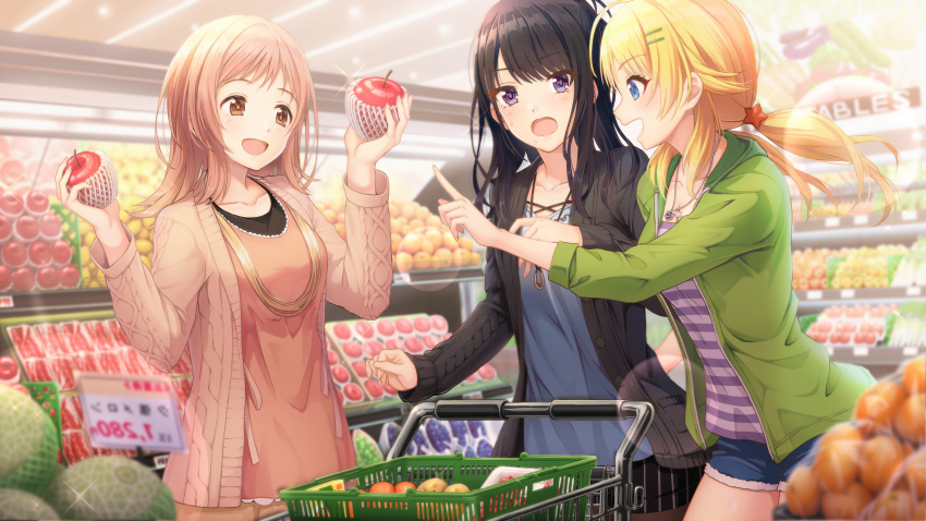 3girls :d :o absurdres apple bangs black_hair black_shorts blonde_hair blue_eyes blue_shorts blurry blush bowl breasts brown_eyes brown_hair cardigan commentary_request cowboy_shot cucumber depth_of_field eggplant eyebrows_visible_through_hair flipped_hair food fruit glint grapes hachimiya_meguru hair_ornament hairclip highres holding idolmaster idolmaster_shiny_colors indoors jewelry kazano_hiori long_hair long_sleeves looking_at_another looking_at_viewer low_twintails macha0331 medium_breasts medium_hair melon multiple_girls necklace net open_cardigan open_clothes open_mouth orange pendant potato profile purple_eyes red_pepper sakuragi_mano shirt shopping shopping_basket shopping_cart shorts sidelocks smile star star_hair_ornament star_necklace striped striped_shirt supermarket sweater swept_bangs tomato twintails undershirt vegetable