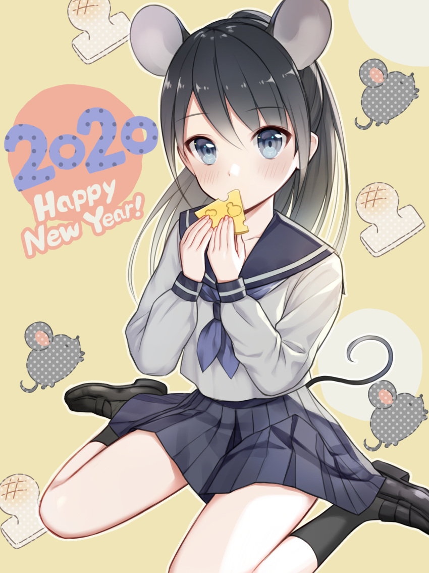 1girl 2020 animal_ears arms_up black_hair black_legwear black_sailor_collar blue_eyes blue_neckwear blue_skirt blush brown_footwear cheese chinese_zodiac commentary_request eating english_text eyebrows_visible_through_hair fingernails food food_in_mouth grey_serafuku hair_between_eyes happy_new_year head_tilt highres legs_apart loafers long_hair looking_at_viewer mochi mouse mouse_ears mouse_girl mouse_tail neckerchief new_year original patterned_background pleated_skirt sailor_collar shoes sitting skirt sleeve_cuffs socks solo swiss_cheese tail utaka_(anyoanyot) very_long_hair wariza year_of_the_rat yellow_background