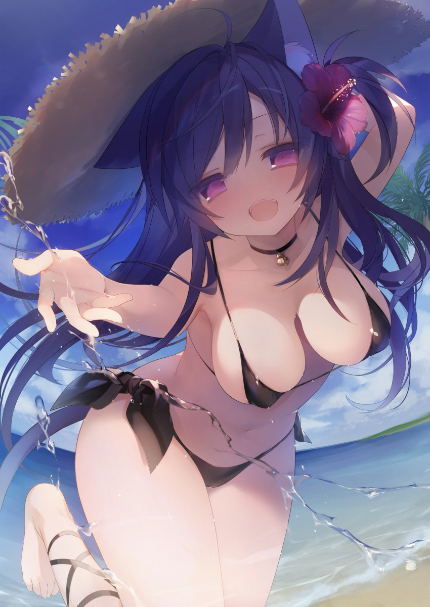 1girl :d ahoge animal_ear_fluff animal_ears arm_up armpits bare_arms bare_shoulders barefoot beach bikini black_bikini black_choker blue_hair breasts cameltoe cat_ears cat_girl cat_tail choker cleavage collarbone flower hair_flower hair_ornament hat hibiscus highres leaning_forward leg_up long_hair looking_at_viewer medium_breasts melonbooks micro_bikini navel ocean one_side_up open_mouth outstretched_arm purple_eyes purple_flower side-tie_bikini smile solo standing standing_on_one_leg straw_hat swimsuit tail very_long_hair water yoruneko