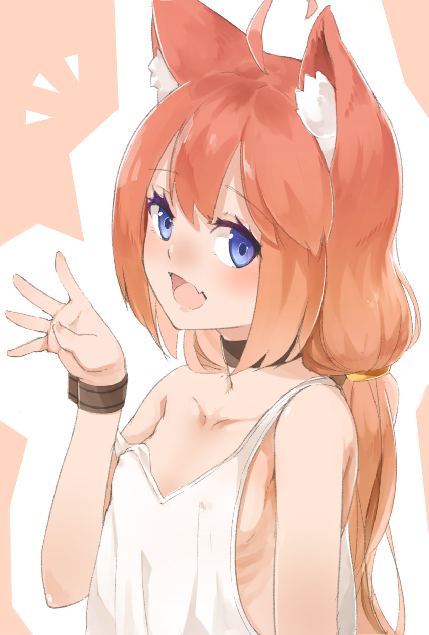 :d ahoge animal_ear_fluff animal_ears bangs bare_arms bare_shoulders black_choker blue_eyes blush breasts brown_background brown_hair cat_ears choker collarbone commentary_request erect_nipples eyebrows_visible_through_hair fang hair_between_eyes hand_up highres hinata_channel long_hair looking_at_viewer loose_clothes low_twintails nekomiya_hinata nishiuri open_mouth ribs small_breasts smile solo strap_slip tank_top tied_hair twintails two-tone_background upper_body very_long_hair virtual_youtuber white_background white_tank_top wristband