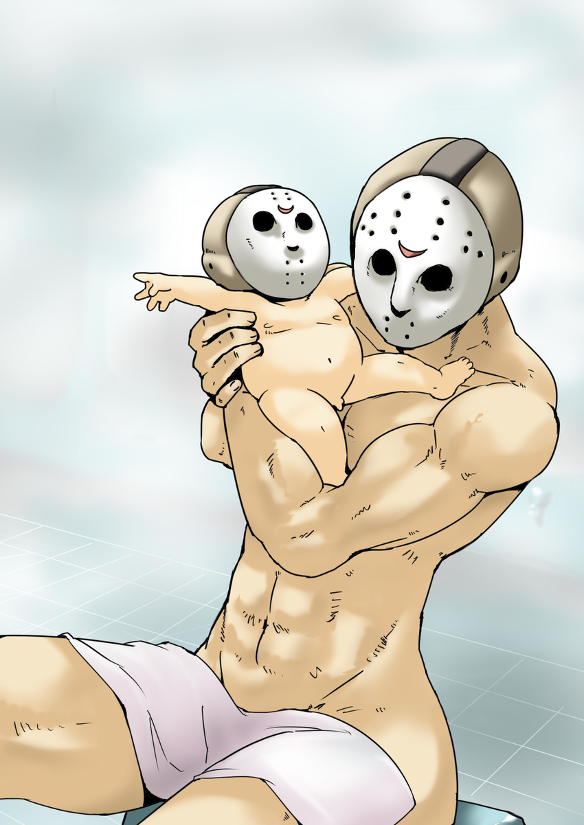baby friday_the_13th highres hockey_mask jason_voorhees little_penis male_focus mask multiple_boys muscle nude penis towel tsuki_wani what