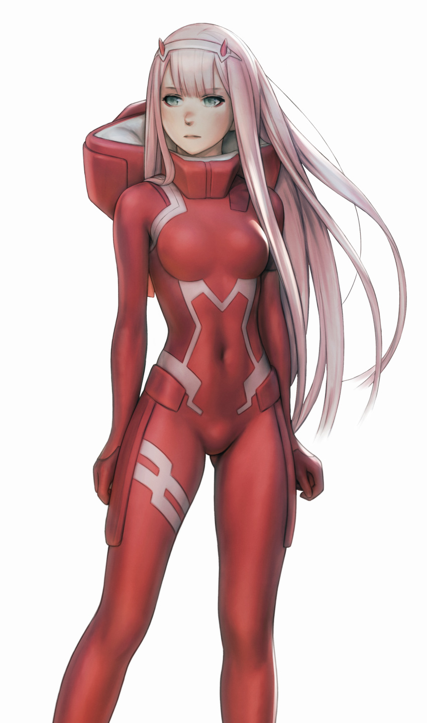 absurdres bangs blunt_bangs bodysuit breasts closed_mouth covered_navel darling_in_the_franxx facing_viewer full_body gloves gluteal_fold green_eyes hairband highres horns jeff_macanoli looking_to_the_side medium_breasts oni_horns pilot_suit pink_hair red_bodysuit red_horns solo standing straight_hair white_hairband wind zero_two_(darling_in_the_franxx)