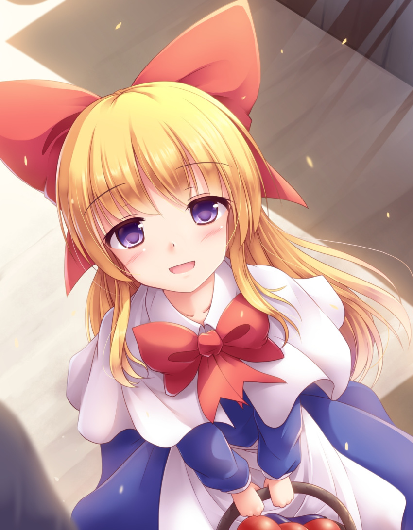 1girl :d apron basket blonde_hair blue_dress bow bowtie capelet commentary_request dress eyebrows_visible_through_hair eyes_visible_through_hair hair_bow highres holding holding_basket long_hair long_sleeves looking_at_viewer lzh open_mouth purple_eyes red_bow red_neckwear shanghai_doll smile solo touhou waist_apron white_capelet