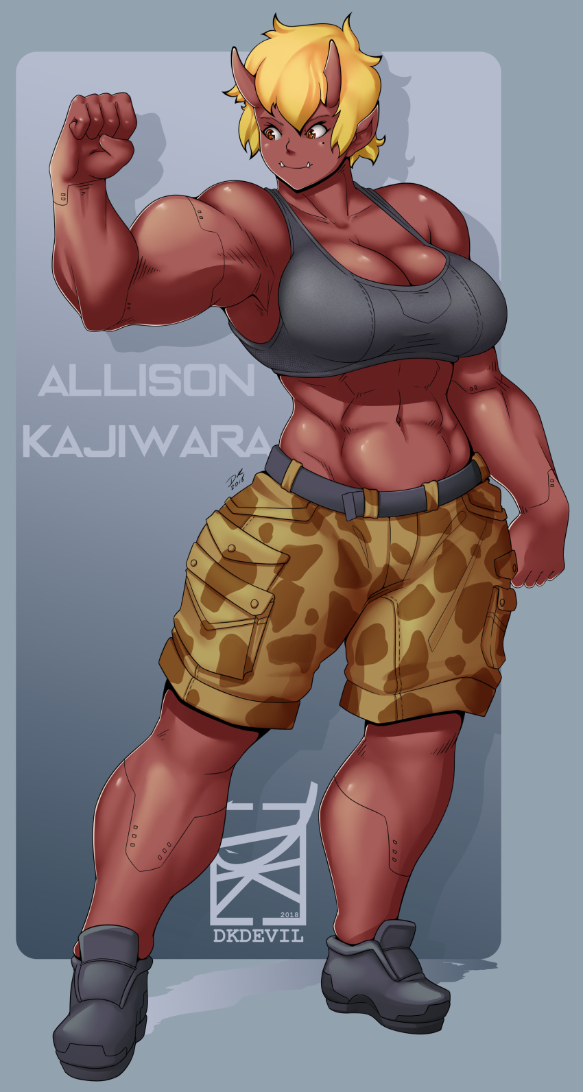 1girl absurdres android belt blonde_hair breasts camouflage camouflage_shorts cargo_shorts cleavage dark_skin dkdevilart flexing highres horns large_breasts muscle muscular_female oni original pointy_ears pose sharp_teeth short_hair shorts tank_top teeth