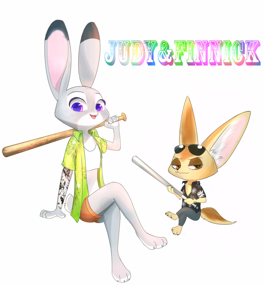 2017 anthro barefoot baseball_bat bat_(object) canid canine clothed clothing dipstick_ears disney duo eyewear fennec finnick fox fully_clothed fur grey_body grey_fur holding_object holding_weapon inner_ear_fluff judy_hopps lagomorph leporid mammal multicolored_ears open_mouth open_smile rabbit simple_background sitting smile sunglasses swetpot tan_body tan_fur tuft weapon white_background zootopia