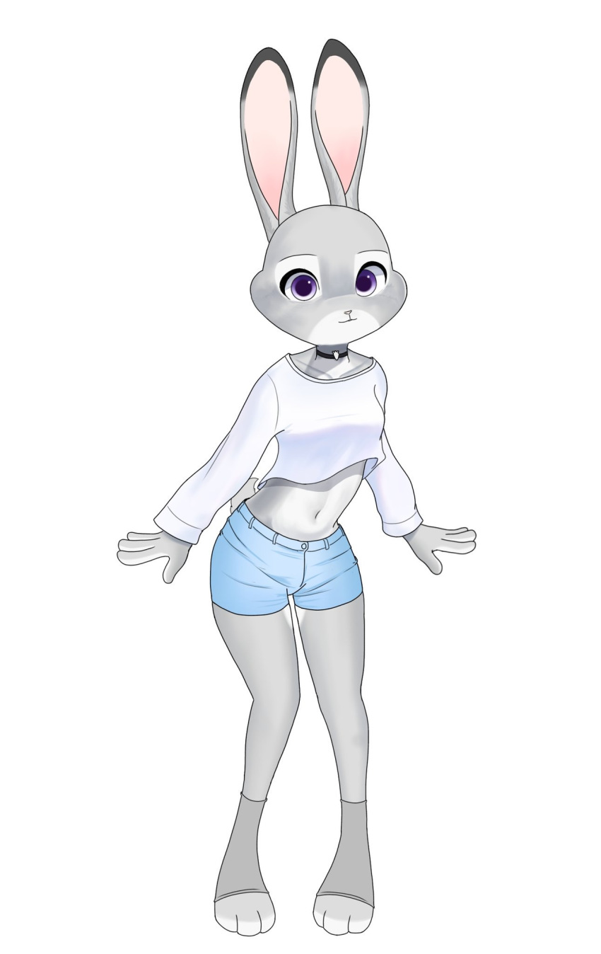 2019 anthro bottomwear choker clothed clothing crop_top dipstick_ears disney female fur grey_body grey_fur hotpants jewelry judy_hopps lagomorph leporid looking_at_viewer mammal midriff multicolored_ears navel necklace purple_eyes rabbit shirt shorts simple_background solo swetpot topwear white_background zootopia