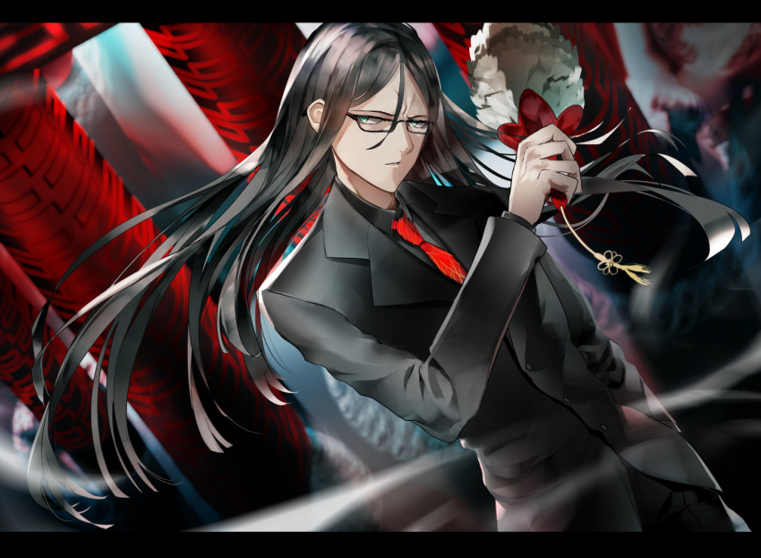 1boy bangs black_hair fate/grand_order fate_(series) formal glasses green_eyes hauchiwa long_hair lord_el-melloi_ii male_focus necktie older parted_bangs solo stone_pillar stone_sentinel_maze suit tsujieiri waver_velvet