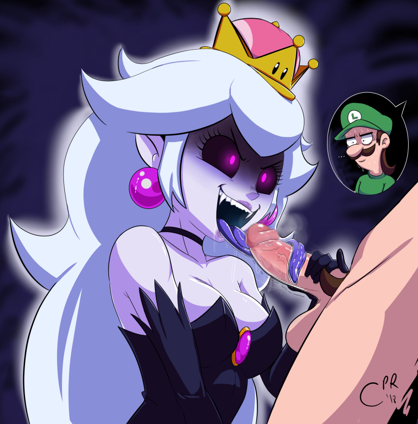 ... 1boy 1girl absurdres black_dress black_sclera breasts cabronpr censored clothed_female_nude_male dress earrings fangs fellatio gloves highres jewelry long_hair long_tongue looking_at_another luigi mario_(series) necklace nude oral penis princess_king_boo purple_eyes purple_tongue super_crown sweat testicles tongue white_hair