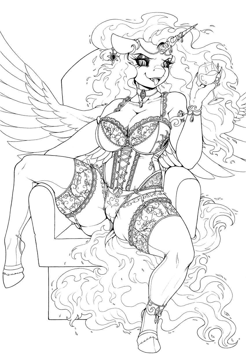 anthro anthrofied big_breasts breasts camel_toe cleavage clothed clothing corset daybreaker_(mlp) equid female friendship_is_magic garter_straps hair horn legwear lingerie longinius mammal my_little_pony spread_legs spreading thigh_highs tongue tongue_out winged_unicorn wings