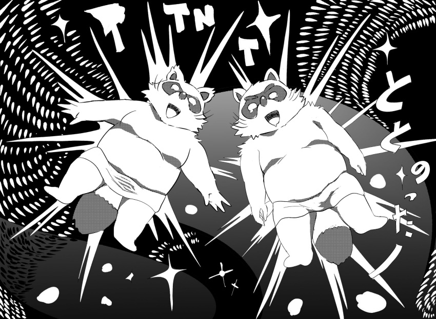 2020 anthro belly canid canine clothing duo humanoid_hands hysk male mammal raccoon_dog slightly_chubby tanuki underwear