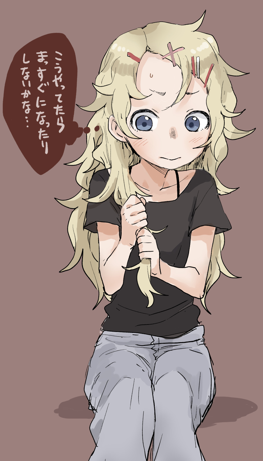 1girl absurdres black_shirt blonde_hair blue_eyes blush brown_background closed_mouth commentary_request forehead grey_pants hair_grab hair_ornament hairclip highres long_hair original pants shadow shirt short_sleeves sitting solo sweat thought_bubble translation_request very_long_hair x_hair_ornament yamamoto_souichirou