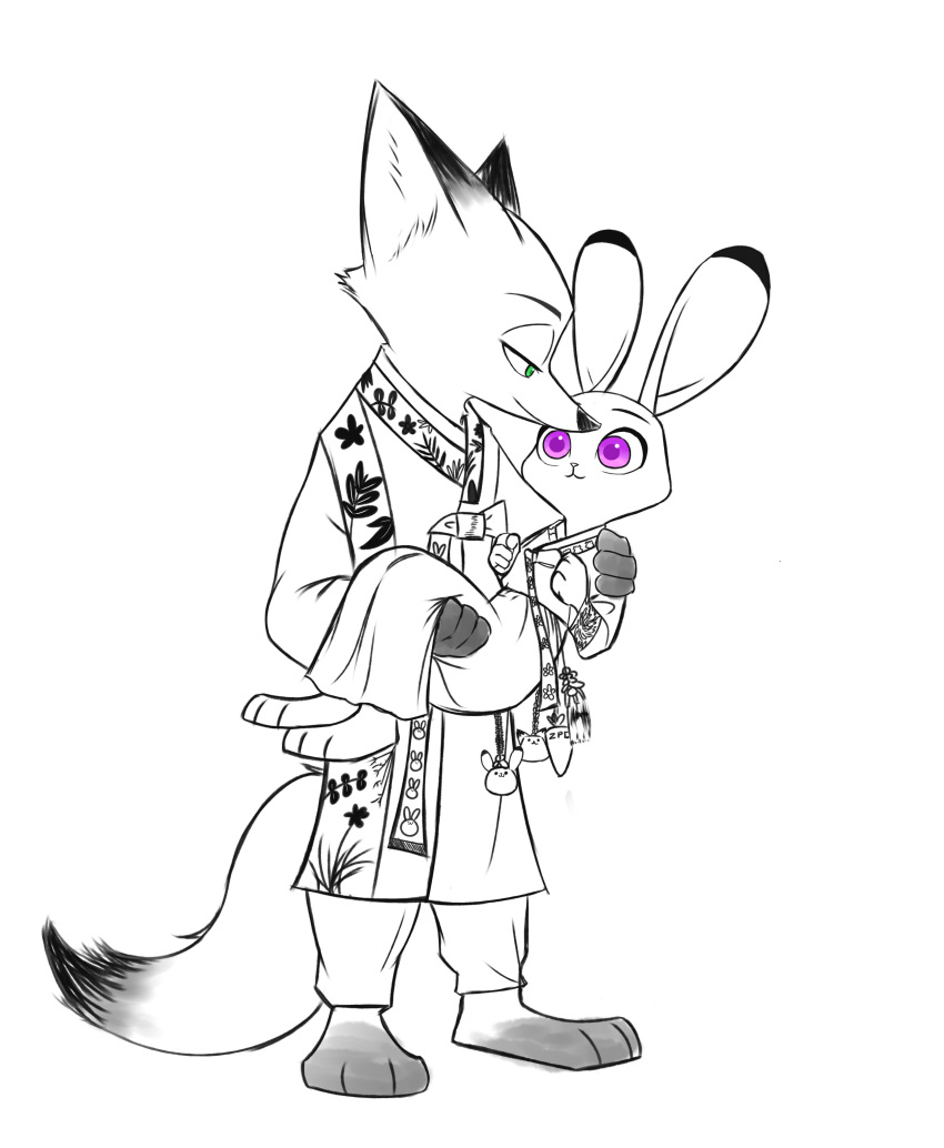 2017 anthro barefoot bridal_carry canid canine carrying clothed clothing dipstick_ears disney duo fox fully_clothed green_eyes judy_hopps lagomorph leg_markings leporid looking_at_another mammal markings multicolored_ears nick_wilde purple_eyes rabbit red_fox simple_background smile socks_(marking) swetpot white_background zootopia