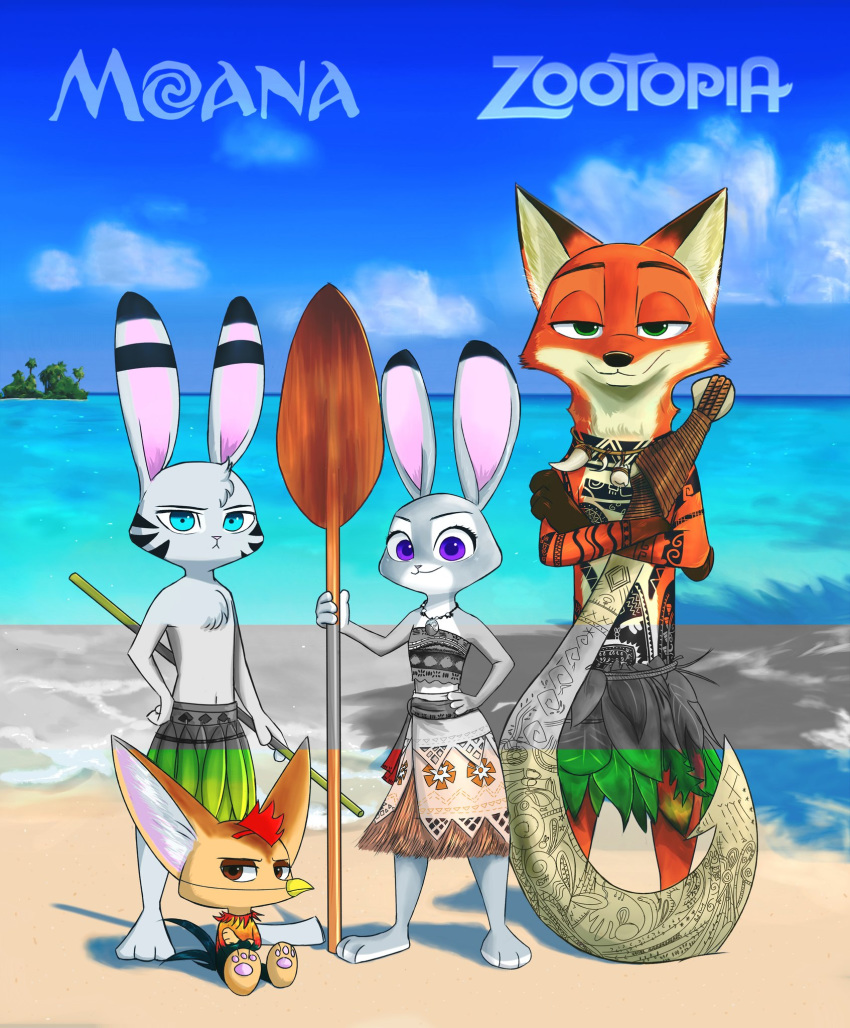 2017 anthro beach big_ears blue_eyes bottomwear brown_eyes canid canine chest_tuft clothing crossed_arms crossover dipstick_ears disney female fennec finnick flat_chested fox fur green_eyes group hand_on_hip hi_res holding_object holding_sword holding_weapon inner_ear_fluff jack_savage judy_hopps lagomorph leporid looking_at_viewer male mammal melee_weapon moana moana_waialiki multicolored_body multicolored_ears multicolored_fur navel nick_wilde outside pawpads purple_eyes rabbit seaside sitting size_difference skirt smile staff standing stripes swetpot sword tuft two_tone_body two_tone_fur weapon zootopia