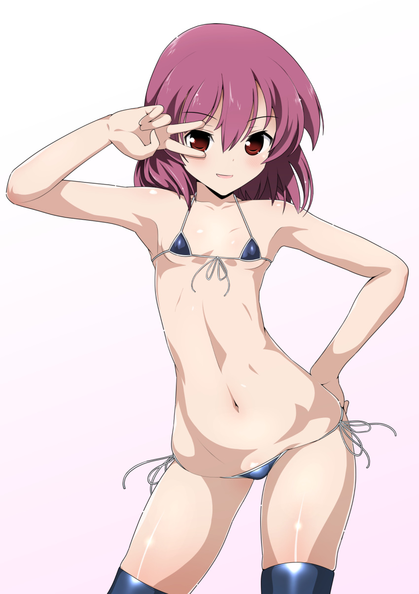 armpits bare_shoulders bikini blush front-tie_bikini front-tie_top hair_between_eyes hand_on_hip highres micro_bikini midriff miyanaga_teru navel purple_hair red_eyes saki side-tie_bikini simple_background skindentation smile swimsuit thighhighs v xiao_rui_rui