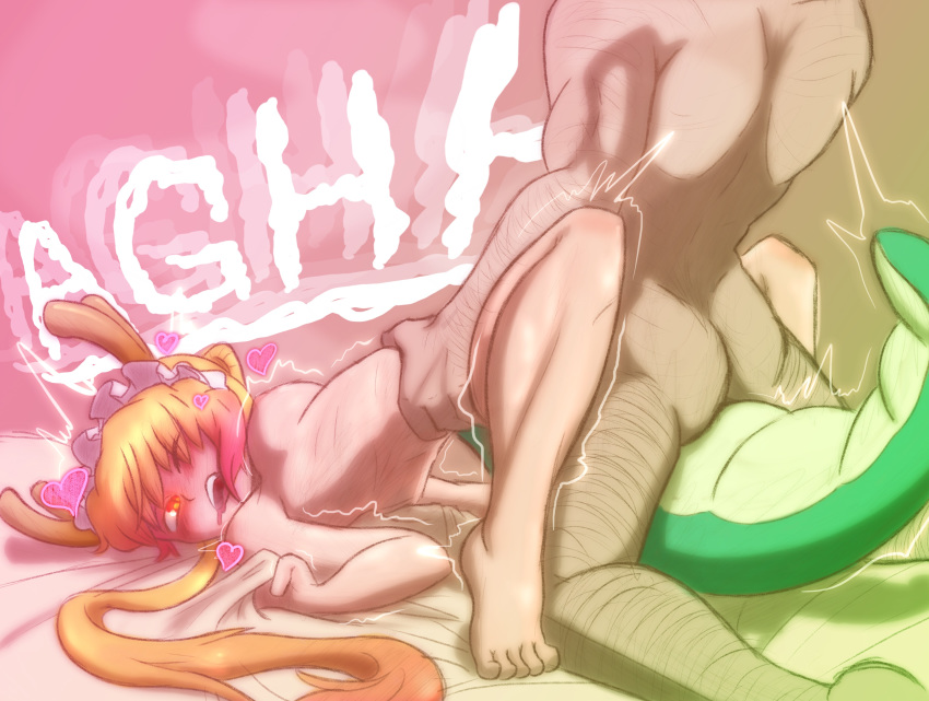 1boy 1girl artist_request ass blonde_hair blush breasts dragon_girl dragon_horns dragon_tail heart highres horns kobayashi-san_chi_no_maidragon large_breasts long_hair maid_headdress nipples nude one_eye_closed open_mouth pink_background saliva sex sheet_grab simple_background source_request tail teeth tooru_(maidragon) torso_grab trembling upper_teeth vaginal yellow_eyes