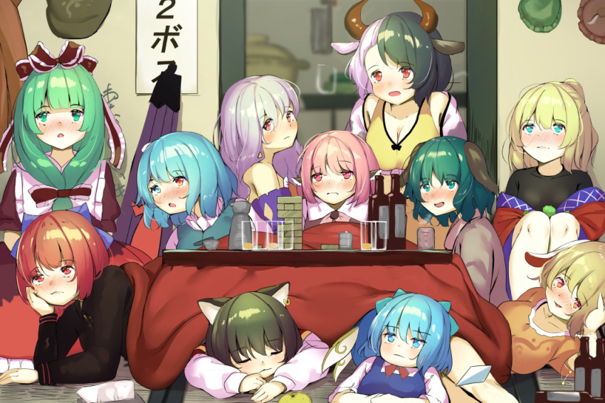 6+girls against_wall animal_ears arm_support bare_shoulders black_hair black_shirt blue_eyes blue_hair blue_vest blurry blush bottle bow breasts bunny_ears cat_ears chen choko_(cup) cirno cleavage closed_umbrella commentary_request cow_ears cow_horns crop_top cup daiyousei depth_of_field dress drinking_glass drunk expressionless eyebrows_visible_through_hair fairy_wings front_ponytail frown green_eyes green_hair hair_between_eyes hair_bow hair_ribbon hat hat_rack hat_removed head_in_hand head_tilt headwear_removed heterochromia horns indoors jenga jewelry kagiyama_hina kasodani_kyouko kotatsu large_breasts lavender_hair leaning_forward legs_together long_sleeves looking_at_viewer looking_away looking_up lying lying_on_another lying_on_person mizuhashi_parsee multicolored_hair multiple_girls mystia_lorelei off-shoulder_jacket on_side on_stomach open_mouth orange_shirt pink_hair piyodesu ponytail pot red_dress red_eyes red_hair ribbon ringo_(touhou) sakata_nemuno sekibanki shirt short_sleeves shot_glass silver_hair single_earring sitting sleeping standing table tatami tatara_kogasa tokkuri touhou two-tone_hair umbrella under_kotatsu under_table ushizaki_urumi vest white_shirt wings yunomi