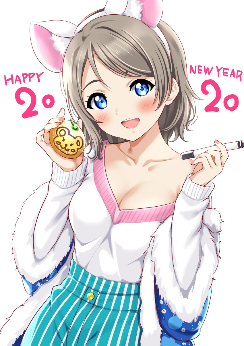 1girl 2020 :d absurdres alternate_costume animal_ear_fluff animal_ears bangs bare_shoulders blue_coat blue_eyes blue_shorts blush breasts cleavage coat collarbone commentary_request fake_animal_ears food fruit fur-trimmed_coat fur-trimmed_sleeves fur_trim hairband happy_new_year highres holding holding_food holding_fruit holding_marker long_sleeves looking_at_viewer love_live! love_live!_sunshine!! mandarin_orange medium_breasts mouse_ears nail_polish new_year off-shoulder_sweater off_shoulder open_mouth pink_nails round_teeth rozen5 short_hair shorts silver_hair simple_background smile solo striped sweater swept_bangs teeth upper_body upper_teeth vertical-striped_shorts vertical_stripes watanabe_you white_background white_hairband white_sweater
