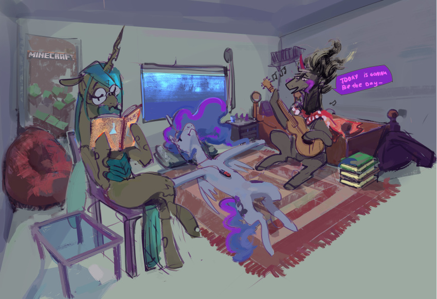 absurd_res alumx arthropod book changeling crossed_legs dialogue equid feral friendship_is_magic glass guitar hi_res horn king_sombra_(mlp) male mammal musical_instrument my_little_pony plucked_string_instrument princess_luna_(mlp) queen_chrysalis_(mlp) string_instrument unicorn winged_unicorn wings