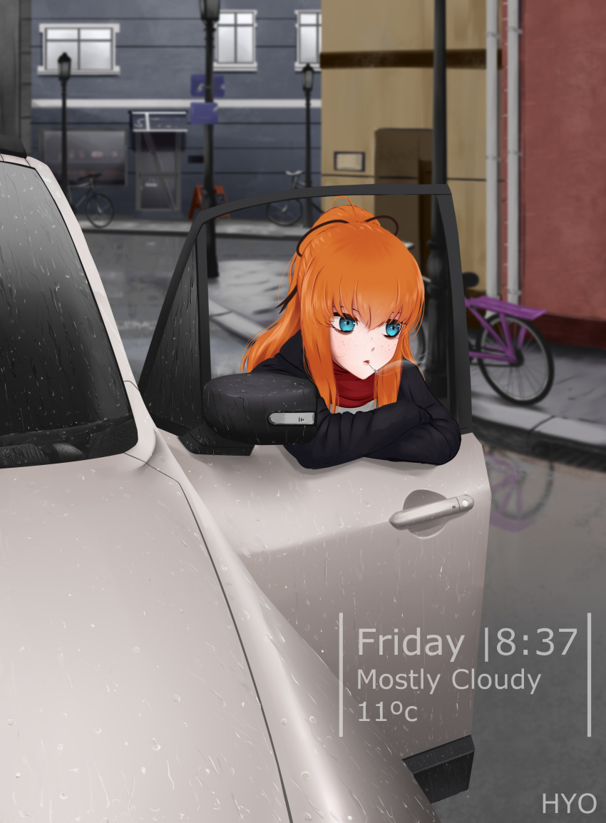 1girl absurdres bangs bicycle blue_eyes blurry blurry_background car cigarette freckles ground_vehicle hair_ribbon highres hyo jacket jeep looking_to_the_side motor_vehicle open_door orange_hair original outdoors ponytail rain ribbon road scarf scenery sidelocks smoking solo street time waiting