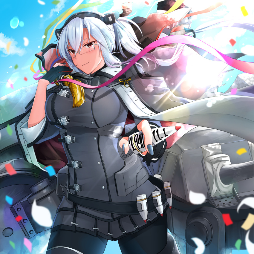 1girl black_legwear blue_sky blush breasts cannon cape cartridge cloud confetti dark_skin day double-breasted floating_hair glasses glint gloves grey_cape grey_jacket grey_nails hair_ribbon headgear highres holding jacket kantai_collection large_breasts light_particles long_hair machinery miniskirt musashi_(kantai_collection) outdoors pantyhose partly_fingerless_gloves red_eyes remodel_(kantai_collection) ribbon rigging shell_casing skirt sky sleeve_cuffs smokestack standing turret twintails wind yunamaro