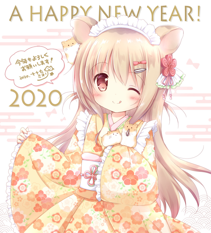 1girl 2020 ;q animal animal_ears bangs blush bow brown_kimono closed_mouth commentary_request egasumi eyebrows_visible_through_hair floral_print frilled_sleeves frills hair_between_eyes hair_bow hair_ornament hamster hamster_ears happy_new_year highres holding holding_animal japanese_clothes kimono light_brown_hair long_hair long_sleeves looking_at_viewer maid_headdress nanase_miori new_year obi one_eye_closed original print_kimono red_bow red_eyes sash seed sleeves_past_fingers sleeves_past_wrists smile solo sunflower_seed tongue tongue_out translation_request very_long_hair white_background