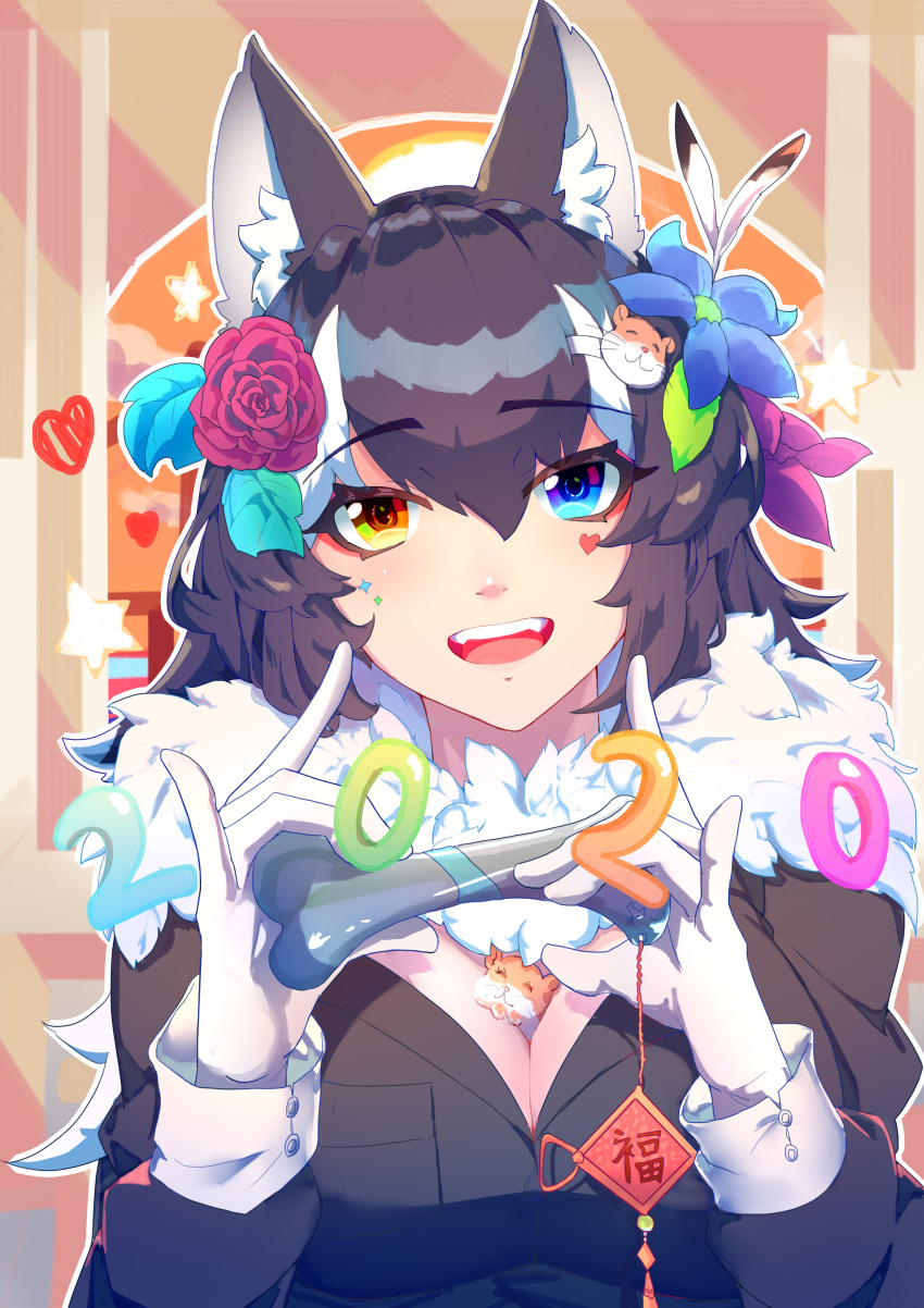 1girl 2020 :d absurdres animal animal_ear_fluff animal_ears animal_hair_ornament between_breasts black_hair black_jacket blazer blue_eyes blue_flower bone boy_(pixiv17542438) breasts buttons cleavage colorful eyebrows_visible_through_hair facepaint fangs feathers flower fur_collar gloves grey_wolf_(kemono_friends) hair_between_eyes hair_feathers hair_flower hair_leaf hair_ornament hairclip hamster head_tilt heart heterochromia highres holding index_finger_raised jacket kemono_friends leaf long_hair long_sleeves looking_at_viewer multicolored_hair open_mouth orange_eyes pinky_out red_flower red_rose rose smile solo_focus star two-tone_hair upper_body upper_teeth white_gloves white_hair wolf_ears