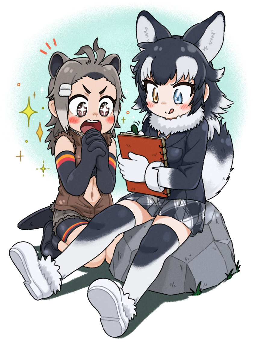 +_+ 2girls :q absurdres american_beaver_(kemono_friends) animal_ears antenna_hair appleq awestruck bangs bare_back beaver_ears beaver_tail bike_shorts black_hair blue_eyes blush bra closed_mouth commentary_request cutoffs drawing elbow_gloves extra_ears full_body fur-trimmed_footwear fur_collar fur_trim gloves grey_hair grey_wolf_(kemono_friends) hair_ornament hairclip hands_up heterochromia highres holding holding_pencil jacket kemono_friends kneeling licking_lips long_hair long_sleeves looking_down miniskirt multicolored_hair multiple_girls navel necktie open_mouth orange_eyes outstretched_legs own_hands_together pencil shoe_soles shoes shorts_under_shorts sidelocks sitting sketchbook skirt sleeveless sleeveless_jacket smile sparkle stomach stone tail thighhighs tongue tongue_out two-tone_hair underwear upper_teeth v-shaped_eyebrows wolf_ears wolf_girl wolf_tail zettai_ryouiki