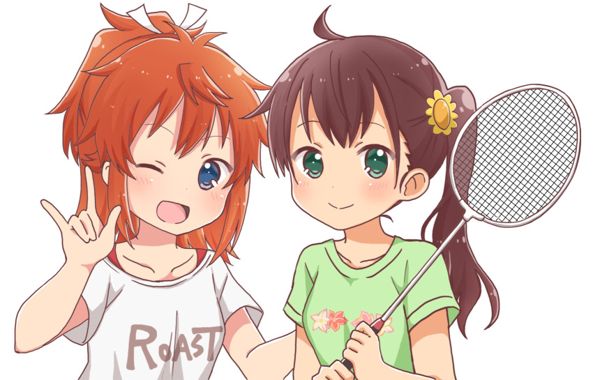 2girls ;d \m/ ahoge badminton_racket bangs blue_eyes blush brown_hair closed_mouth clothes_writing collarbone eyebrows_visible_through_hair floral_print flower green_eyes green_shirt hair_between_eyes hair_flower hair_ornament hair_ribbon high_ponytail highres holding koshigaya_natsumi long_hair multiple_girls niizato_aoi non_non_biyori one_eye_closed open_mouth ponytail print_shirt racket ribbon shika_(s1ka) shirt short_sleeves side_ponytail simple_background smile t-shirt upper_body white_background white_ribbon white_shirt yellow_flower