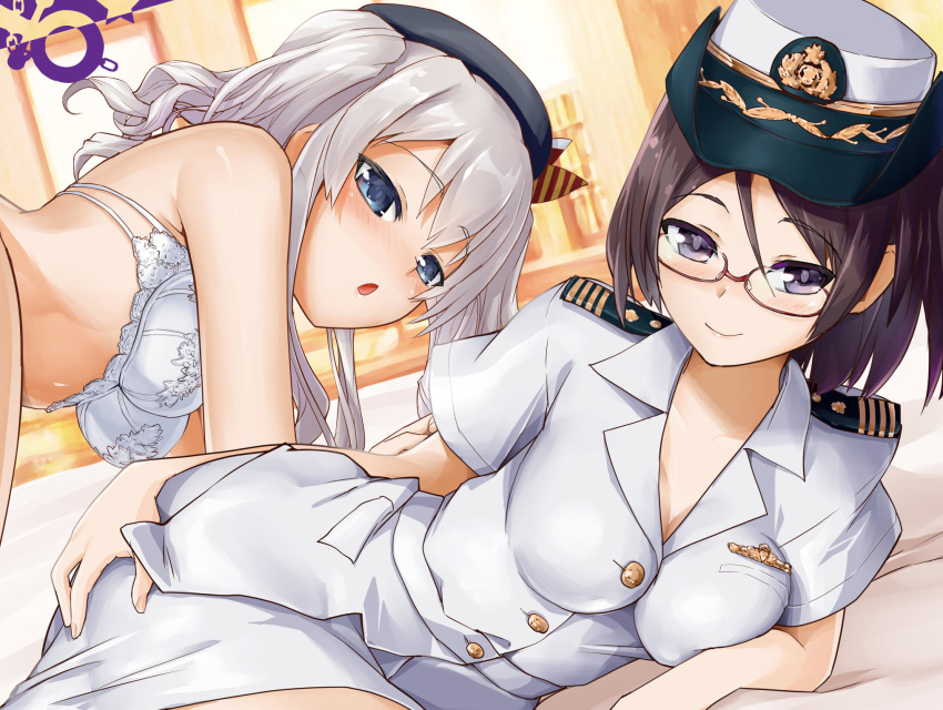 2girls alternate_costume bare_shoulders beret black_hair black_headwear blue_eyes bra breasts cleavage epaulettes glasses hat highres impossible_clothes japan_maritime_self-defense_force japan_self-defense_force kantai_collection kashima_(kantai_collection) kirishima_(kantai_collection) large_breasts lying military military_hat multiple_girls open_mouth purple_eyes red-framed_eyewear short_hair sidelocks silver_hair skirt smile twintails underwear underwear_only wavy_hair white_bra white_skirt yuugo_(atmosphere)