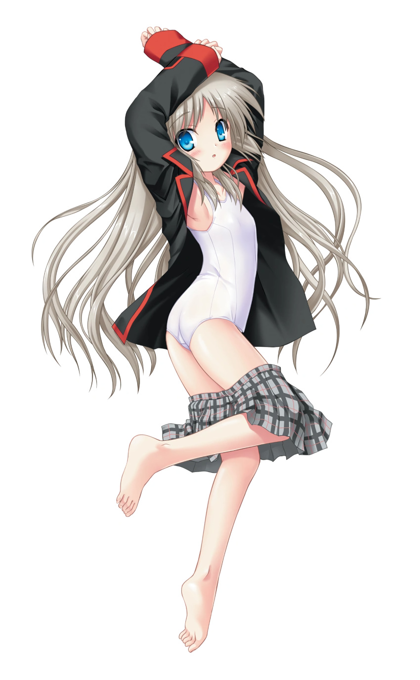 1girl absurdres armpits arms_up barefoot black_jacket blazer blue_eyes blush flat_chest from_above grey_skirt highres jacket little_busters! long_hair looking_at_viewer lying miniskirt na-ga noumi_kudryavka official_art on_side open_blazer open_clothes open_jacket open_mouth plaid plaid_skirt pleated_skirt school_swimsuit school_uniform silver_hair simple_background skirt skirt_pull solo swimsuit very_long_hair white_background white_school_swimsuit white_swimsuit