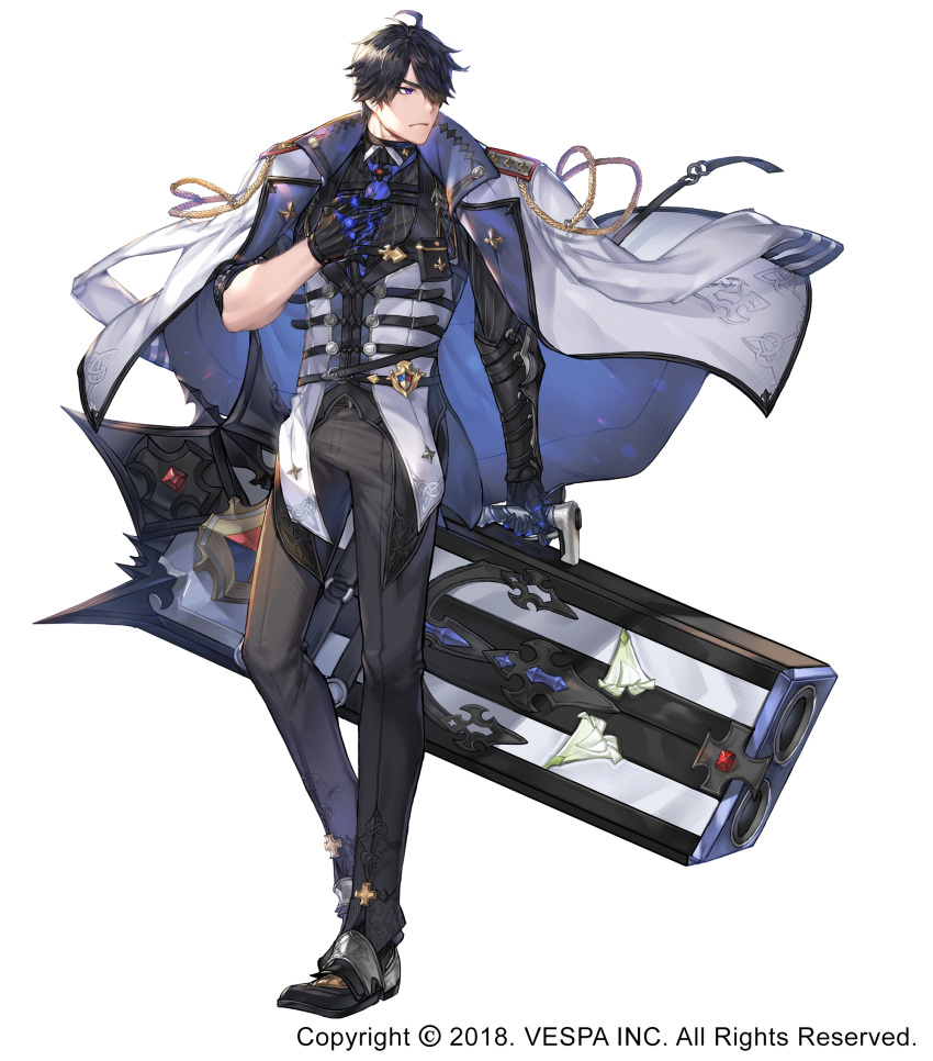 1boy aiguillette black_footwear black_gloves black_hair black_pants company_name crow_(king's_raid) dated elbow_gloves frown full_body gloves hair_over_one_eye highres holding holding_weapon jacket jacket_on_shoulders king's_raid male_focus official_art pants purple_eyes simple_background solo vest weapon white_background white_jacket