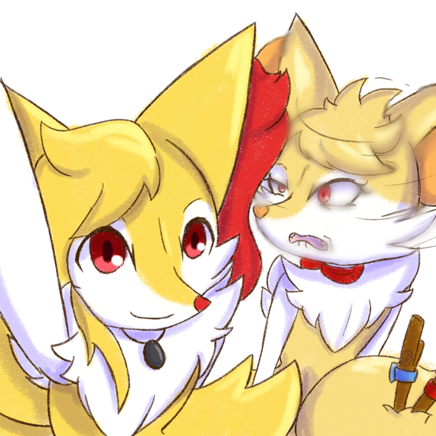 &lt;3 1:1 2018 ambiguous_gender anthro braixen brooch canid canine chris_(thebraixenchris) digital_media_(artwork) duo eyelashes fan_character fangs female fortuna_(unknownlifeform) fur glistening glistening_eyes heart_nose hi_res inner_ear_fluff looking_at_viewer mammal motion_blur neck_bow nintendo open_mouth orange_body orange_fur orange_nose pok&eacute;mon pok&eacute;mon_(species) red_body red_eyes red_fur selfie signature simple_background smile standing stick tuft unknownlifeform video_games white_background white_body white_fur yellow_body yellow_fur