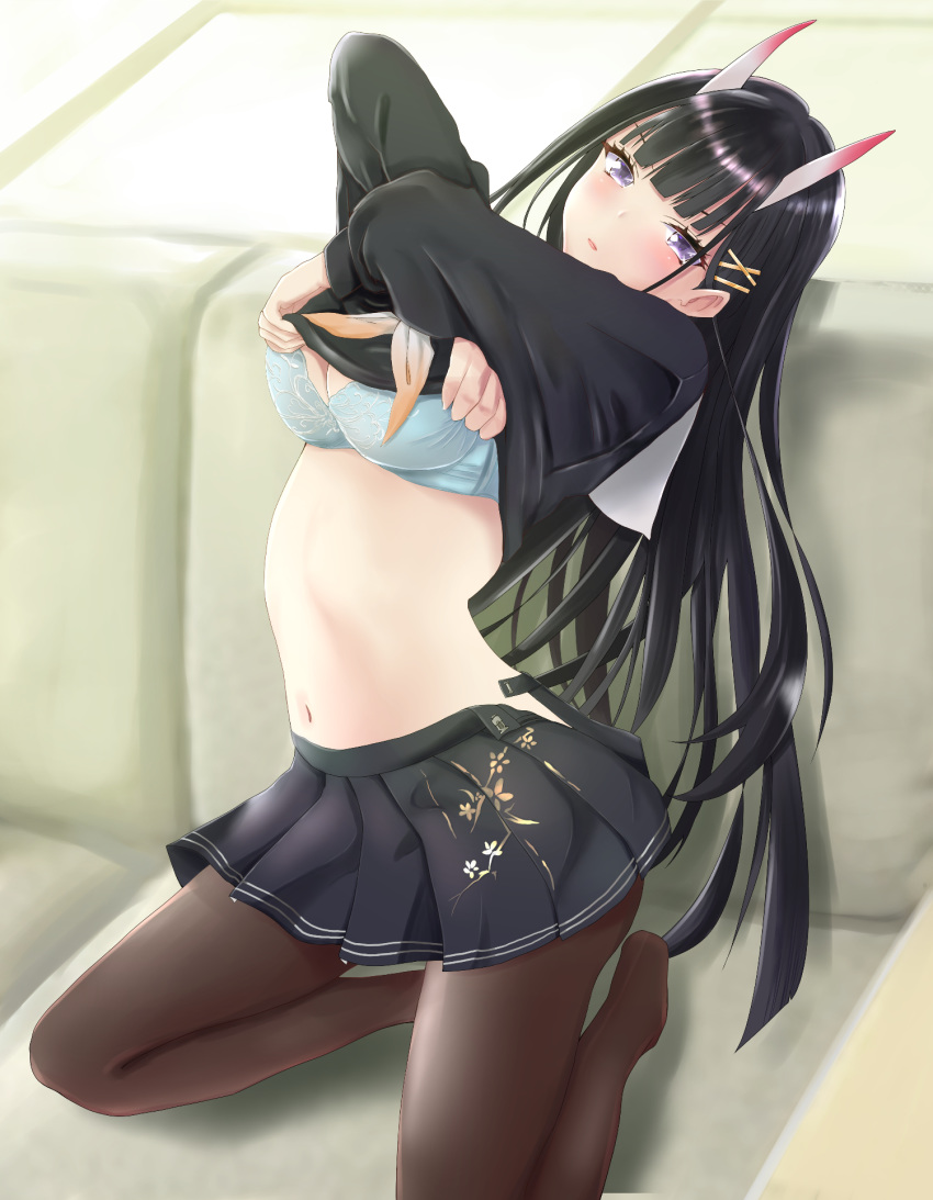 1girl arms_up azur_lane black_hair black_serafuku black_shirt black_skirt blue_bra bra breasts brown_legwear cleavage commentary_request couch hair_ornament hairclip highres kneeling large_breasts long_hair long_sleeves looking_at_viewer miniskirt navel neckerchief noshiro_(azur_lane) on_couch oni_horns pantyhose parted_lips pleated_skirt purple_eyes school_uniform serafuku shirt skirt solo stomach underwear undressing very_long_hair x_hair_ornament zubi_(skylinezb)