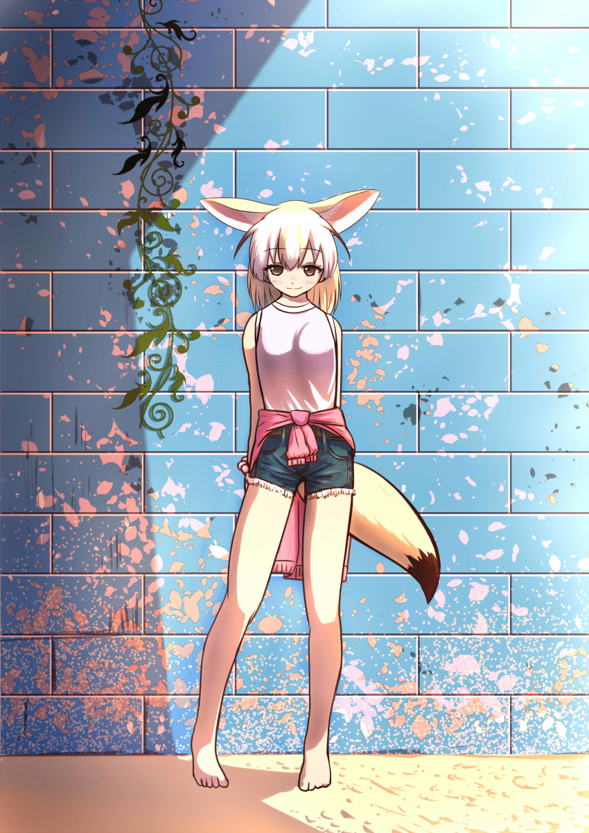 1girl absurdres alternate_costume animal_ears arms_behind_back bare_arms bare_legs bare_shoulders barefoot bead_bracelet beads belt blonde_hair bracelet brown_hair casual closed_mouth clothes_around_waist commentary_request contemporary denim denim_shorts extra_ears fennec_(kemono_friends) fox_ears fox_tail full_body highres jewelry kemono_friends looking_at_viewer mafty medium_hair multicolored_hair pink_shirt plant pocket shirt shorts sleeveless sleeveless_shirt smile solo standing sweater sweater_around_waist tail toes two-tone_hair vines wall white_hair