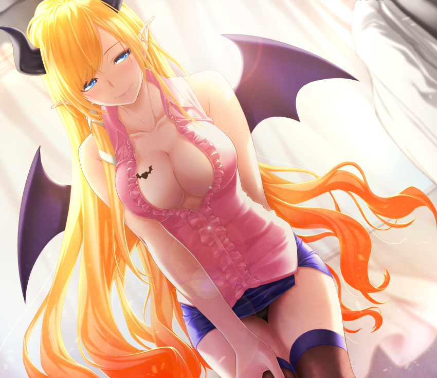 1girl bangs black_legwear black_panties blonde_hair blue_eyes blue_skirt breasts cleavage closed_mouth collarbone collared_shirt cowboy_shot demon_horns demon_wings dress_shirt fenrir_(fenlil0316) floating_hair frilled_shirt frills hand_on_lap highres hololive horns large_breasts leaning_forward lens_flare long_hair looking_at_viewer miniskirt panties pencil_skirt pink_shirt pointy_ears purple_wings shirt side_slit skirt sleeveless sleeveless_shirt smile solo standing swept_bangs thigh_gap thighhighs unbuttoned unbuttoned_shirt underwear very_long_hair virtual_youtuber wing_collar wings yuzuki_choco