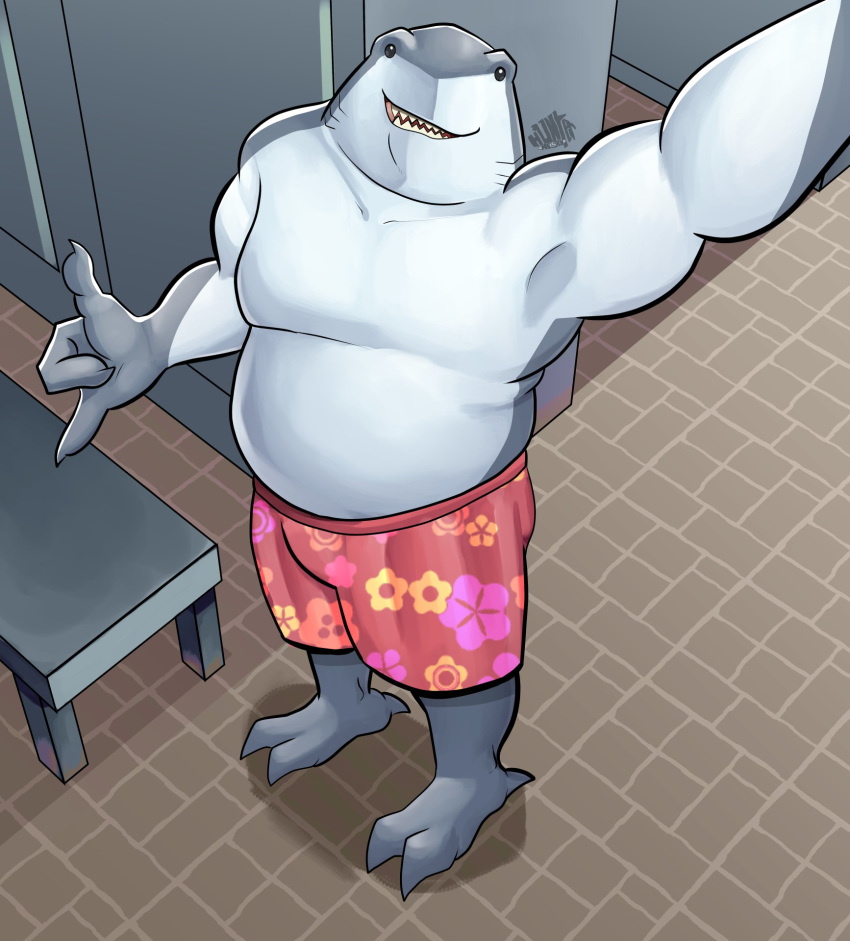 2019 3_fingers beady_eyes belly black_eyes claws clothing dc_comics devil_horns_(gesture) fingers fish genshitatsunora gesture gills grey_body grey_skin high-angle_view king_shark locker_room looking_at_viewer male marine overweight overweight_male selfie shark signature slightly_chubby smile solo swimming_trunks swimwear teeth tongue