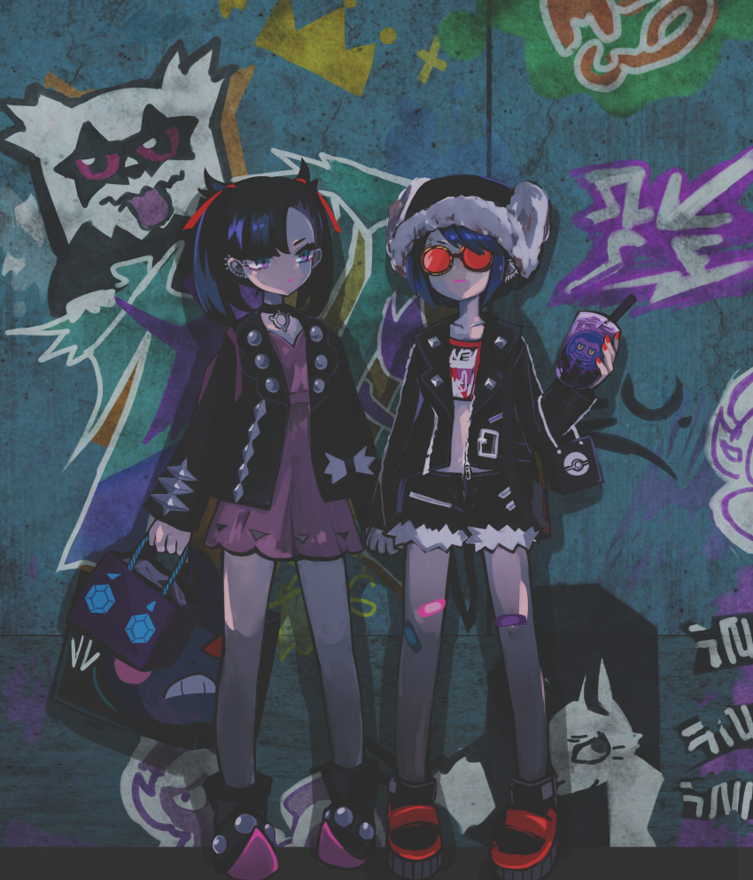 2girls absurdres alternate_costume alternate_hairstyle bag bandaid bandaid_on_leg black_jacket croagunk crop_top cup disposable_cup dress drinking_straw earrings eyebrow_piercing fur_hat galarian_zigzagoon graffiti hat highres holding_hands huge_filesize impidimp jacket jewelry kurui96 looking_at_viewer mary_(pokemon) morpeko multiple_girls navel piercing pink_dress pokemon pokemon_(game) pokemon_swsh punk sableye shopping_bag short_shorts shorts standing stomach stud_earrings sunglasses twintails wall yuuri_(pokemon)