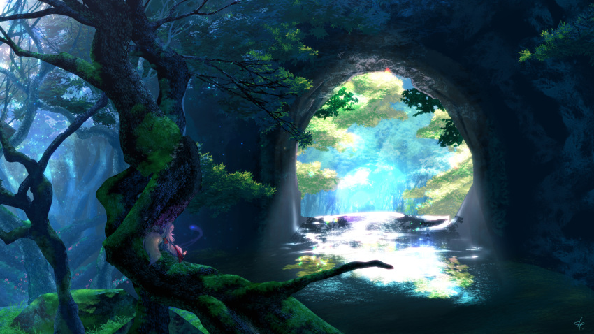 1girl ahoge animal_ears cave day domco forest fox_ears fox_tail geta highres in_tree japanese_clothes kimono lens_flare light_beam light_particles long_hair nature obi original outdoors river sash scenery signature silver_hair sitting sitting_in_tree solo spiked_hair tail tree white_kimono