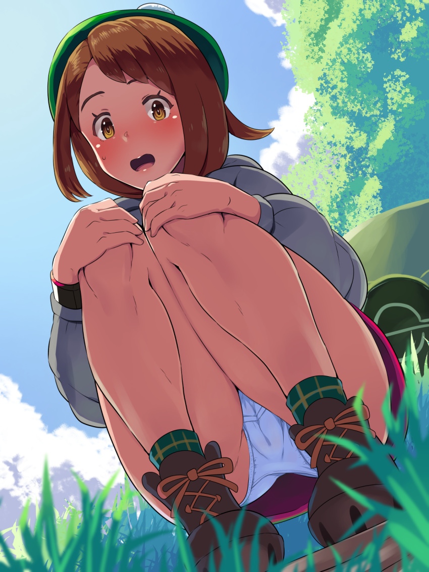 1girl ankle_boots bare_legs blue_sky blush boots boris_(noborhys) brown_eyes brown_footwear brown_hair cameltoe cloud day from_above full_body grass green_headwear green_legwear hands_on_own_knees highres long_sleeves looking_at_viewer miniskirt open_mouth outdoors panties pantyshot pantyshot_(squatting) pink_skirt pokemon pokemon_(game) pokemon_swsh short_hair skirt sky socks solo squatting sweat tam_o'_shanter tent underwear upskirt white_panties yuuri_(pokemon)